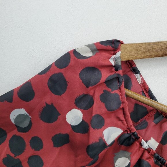 Monroe & Main Red Polka Dot Print Peasant Blouse L Sheer 3/4 Balloon Sleeve Top - Picture 9 of 15